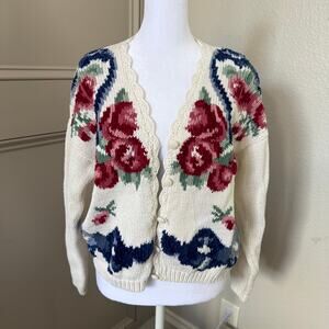 Vintage Grandma Knit Cardigan Sweater Women’s Large White Floral 90s Nuggets
